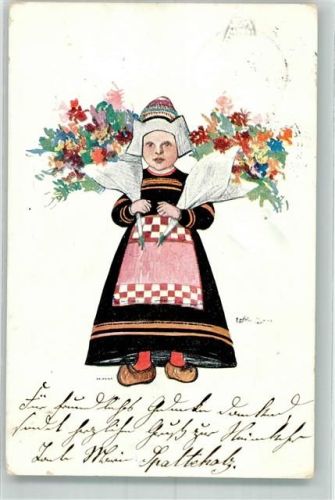 1905 Nr. 939-5 Tracht Kind mit Blumensträuße Holzschuhe