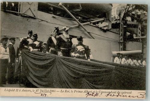 Antwerpen 1905 Leopold II a Anvers 1905 - Le Roi, le Prince Albert et le Commandant du cuirasse Marine