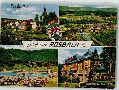 51570 W5227 Rosbach , Sieg - Kirche Brücke Schwimmbad Bademode Kurheim der Stadt Köln Wappen Gruß