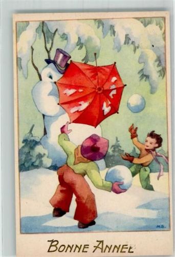 1940 Verlag FOX Paris 1502/11 Neujahr Schneeball Kinder sign. M.B.