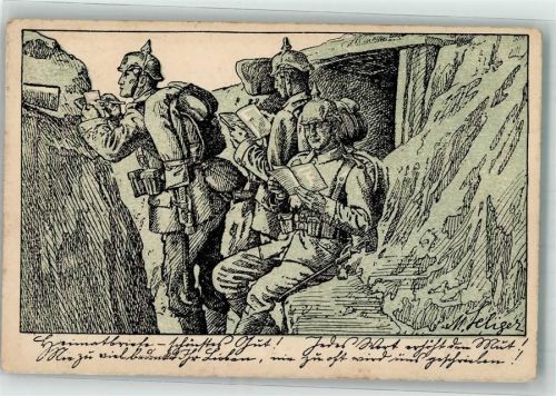 1915 sign. Seliger Deutsche Landser widmen sich in einer Gefechtspause dem lesen und schreiben Feldpost WK I