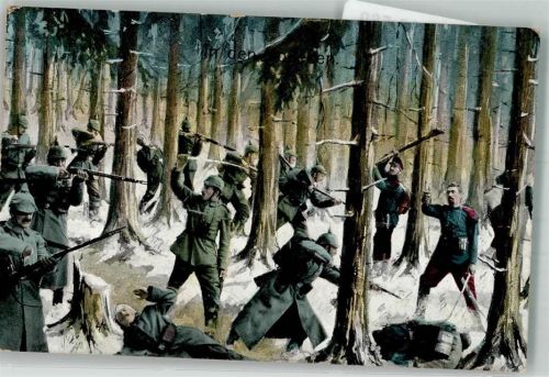 1915 Landser in Uniform im Gefecht im Walde gegen Franzosen Feldpost WK I 30. Res.-Div.