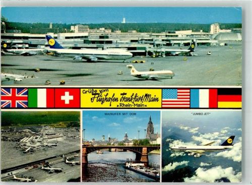 Frankfurt Fliegeraufnahme Flugzeuge Lufthansa Autos VW Bus Frachtschiff Dom Mainbrücke