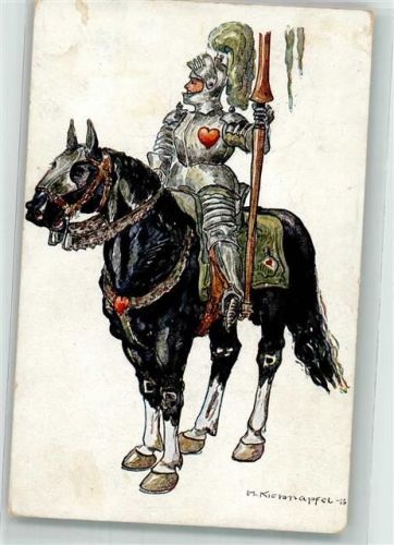 1916 sign. Kiernapfel Ein Ritter im glänzenden Harnisch zu Pferde Feldpost WK I 14. Landwehr-Division