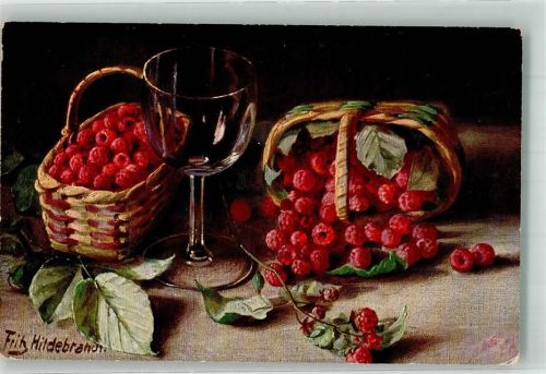 1916 sign. Fritz Hildebrandt Korb mit Himbeeren Früchte Primus Wohlgemuth & Lissner Nr. 596