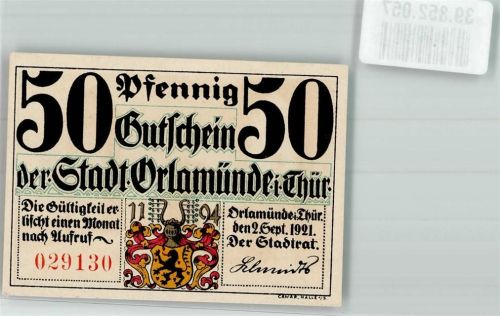 Orlamünde 1921 50 Pfennig Gutschein Nr. 029130
