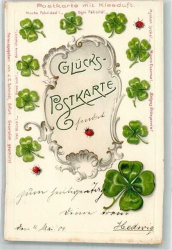 1904 Glückspostkarte mit Kleeduft Marienkäfer Glücksklee