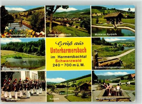 77736 W7615 Unterharmersbach - Forellenteich Bürgerwehr Tracht Kurpark mit Mühle Kneipp-Anlagen Walderholungsanlagen