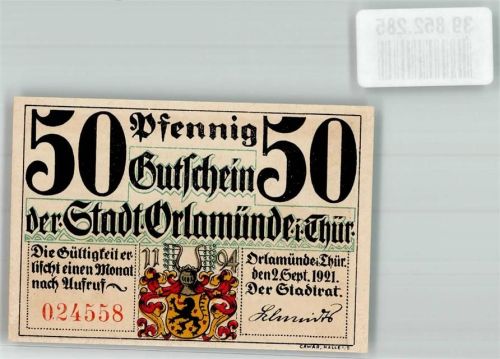 Orlamünde 1921 50 Pfennig Gutschein No. 024558