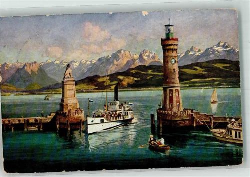 Lindau Hafeneinfahrt Leuchtturm Löwe Raddampfer Ruderboot KNE 154/79
