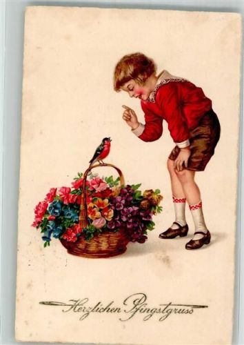 1933 Kind Blumenkorb und ein Rotkehlchen