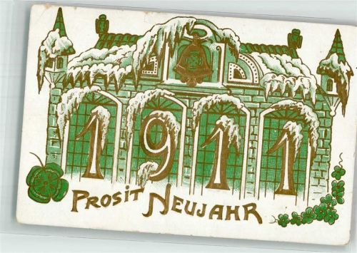 1911 Neujahr 1911 Goldletter Glücksklee Glocke Winter Haus