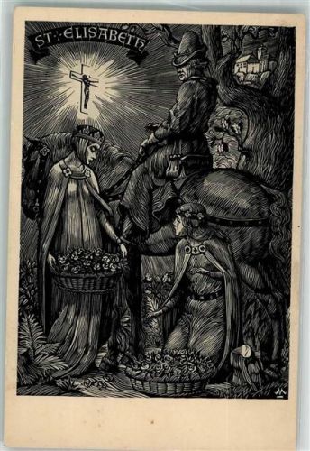 St.Elisabeth Das Rosenwunder sign. Mahr Karl Holzschnitt