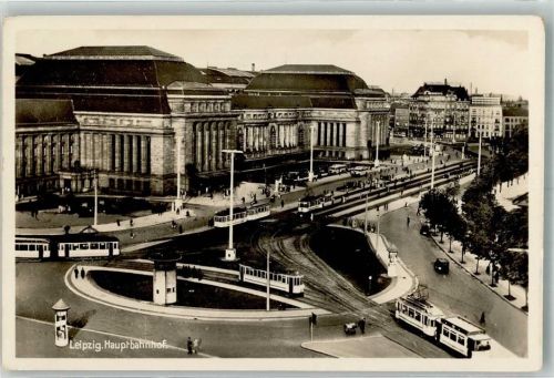 Leipzig 1937 Hauptbahnhof Straßenbahn Litfaßsäule Omnibus