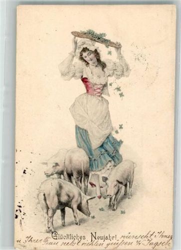 1903 Neujahr Frau Korb mit vergissmeinnicht