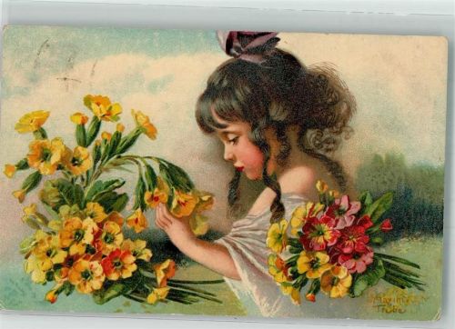 1919 Kind mit einem Strauß bunter Blumen Wenau-Pastell Künstlerkarte