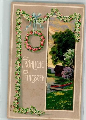 1910 Passepartout Girlande mit Blüten Rosenkranz + Landschaft mit Boot
