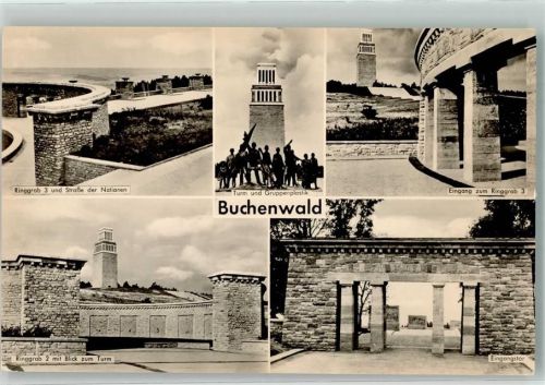Weimar Mahn- und Gedenkstätte Buchenwald Turm mit Denkmal Ringgrab 2 und 3 Straße der Nationen Eingangstor VEB Bild und Heimat