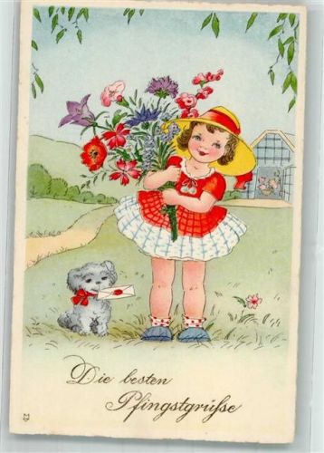 Kind mit Hund + Blumen