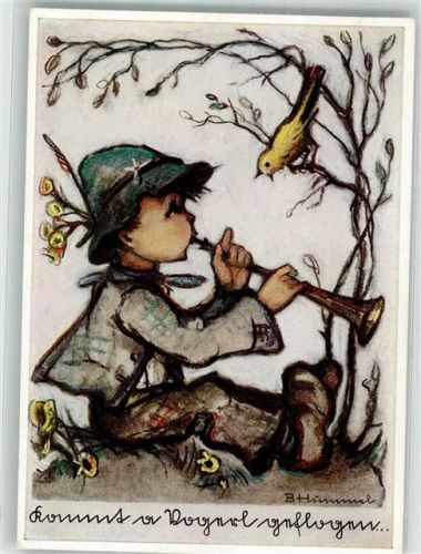 Kleiner Junge musiziert auf der Flöte mit einem Vogel Verlag Josef Müller Nr. 4949