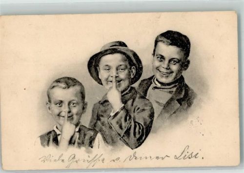 1902 Grinsende Kinder fassen sich vielsagend an die Nase