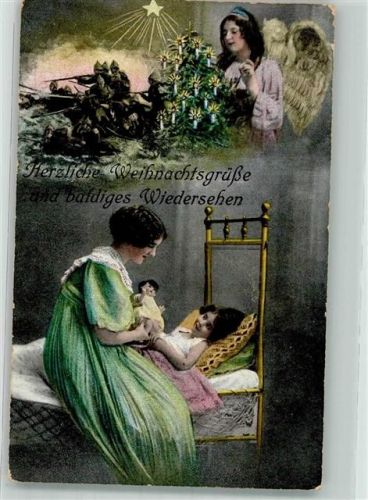 Engel Soldaten Mutter und Kind Puppen WK I Weihnachten Christliche Propaganda 1914