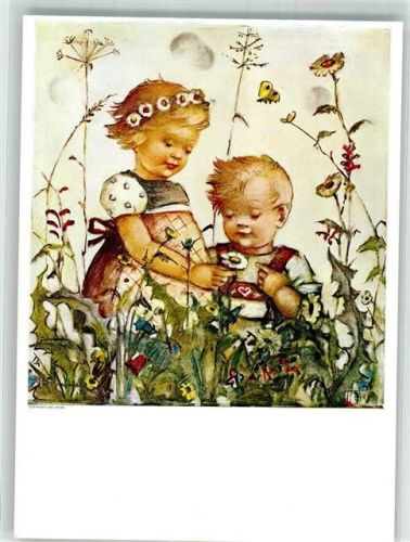 Zwei Kinder auf einer Blumenwiese Verlag Josef Müller Nr. 5893