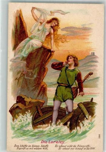 W5421 Loreley Schiffer erspäht die betörende junge Frau auf einem Felsen Künstlerkarte Loreley Prägedruck