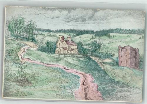 1916 Landschaft Häuser Ruine sign. Thiele H.
