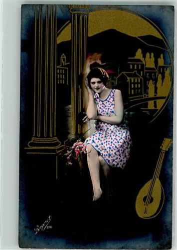 Frau Mode Gitarre sign. Bergeret Paris Serie 241 handkoloriert