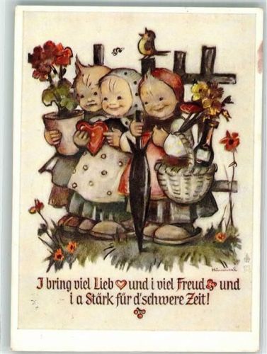 Drei Mädchen gratulieren mit Lebkuchen Weinflasche und Blumen Verlag Josef Müller Nr. 5835