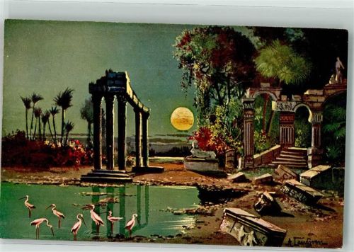 1900 Tempelruinen Mondschein Flamingos