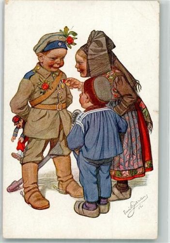 1917 Kinder Tracht Elsass Uniform Holzschuhe Künstlerkarte