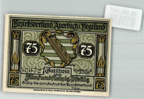 Auerbach 1921 Gutschein über 75 Pfennig Stadtwappen Scherenschnitt Landvogt mit Kloß und Köchin von Hans Kinder