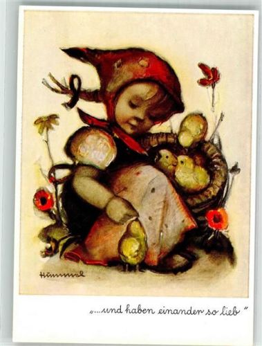 Kleines Mädchen mit einem Korb voller Küken Verlag Josef Müller Nr. 4951