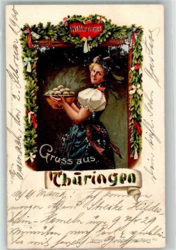 1900 sign. Gräf Junge Frau in Tracht mit einem Teller dampfender Klösse Lithographie/Künstlerkarte