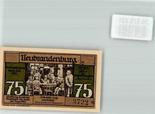 17033 O2000 Neubrandenburg , Meckl 1922 Notgeldschein Einlösung Stadtkasse 75 Pfennig Fritz Reuter