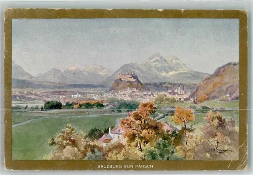 Salzburg Panorama der Stadt mit Festung Hohensalzburg Künstlerkarte