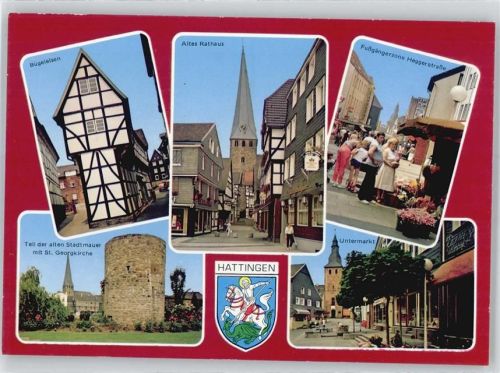 45525 W4320 Hattingen , Ruhr - Bügeleisen, Altes Rathaus, Fußgängerzone Heggerstraße, Alte Stadtmauer, St. Georgkirche, Wappen, Untermarkt