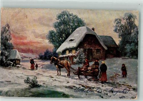 1912 Ein Dorf in der winterlichen Dämmerung zu Neujahr ASM Serie 552