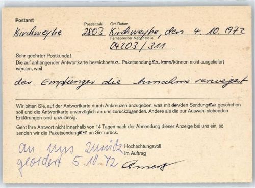 Kirchweyhe Antwortkarte Anzeige über Paket-Unzustellbarkeit