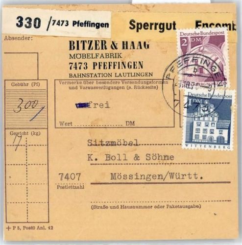 Pfeffingen Paketkarte , Posthilfsstellenstempel