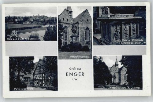 32130 W4904 Enger , Westf - Badeanstalt, Partie an der Kirche, Grabmal und Denkmal Wittekinds, Wittekinds-Kirche