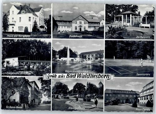 Bad Waldliesborn Haus der Kurgäste, Badehaus, Im Kurpark, Tennisplatz, Neues Kurmittelhaus, Liegehalle-Milchbar, St. Anna-Haus, Minigolfplatz, Haus Carola