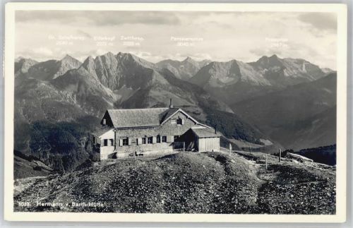 Elbigenalp Hermann v. Barth-Hütte Große Scharfkarspitze Elferkopf Zwölferspitze Parseierspitze Freispitze Lechtaler Alpen Hüttenstempel
