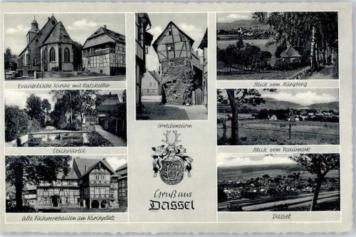 37586 W3354 Dassel , Solling - Kirche Ratskeller Kirchplatz Fachwerkbauten Gretchenturm