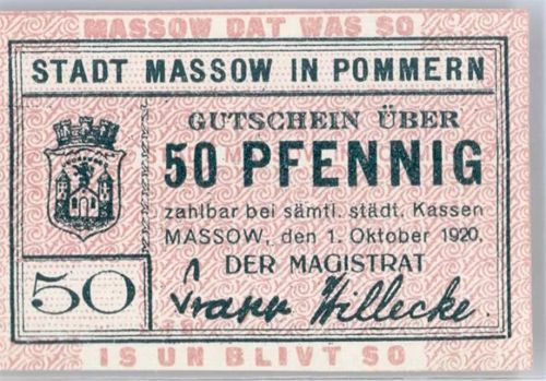 Massow Maszewo 1920 Notgeldschein 50 Pfennig