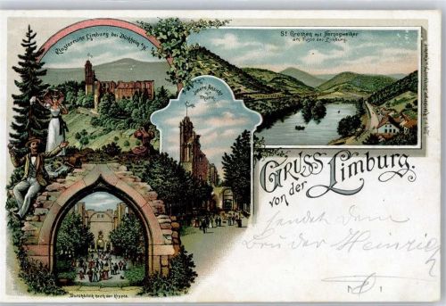 67098 W6702 Limburg 1898 Lithographie Klosterruine Turm St. Grethen Herzogweiher