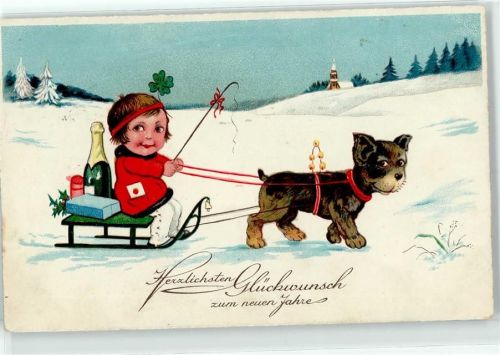 1928 Sektflasche Kleeblatt Kind Schlitten Neujahrsgruß Winterszene