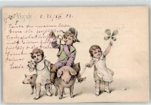 1904 Kind Kleeblatt Trompete Neujahr